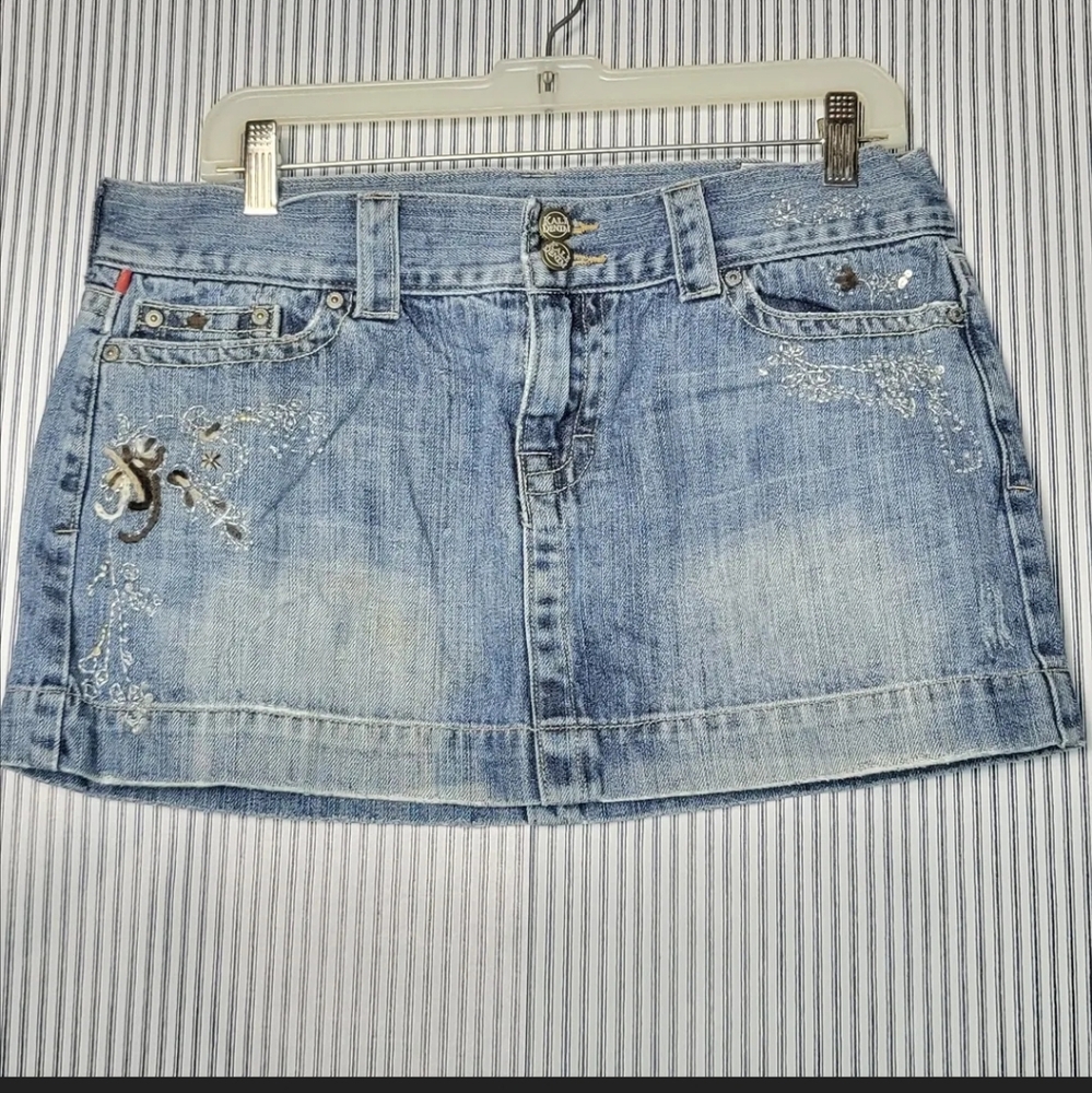 Kali Denim Blue Jean Embroidered Beaded Y2K Style Mini Skirt